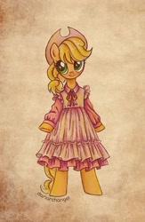 Size: 2153x3303 | Tagged: safe, artist:dariarchangel, applejack, earth pony, pony, semi-anthro, g4, applejack also dresses in style, applejack's hat, bipedal, bowtie, clothes, cowboy hat, dress, female, hat, mare, smiling