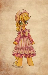 Size: 2153x3303 | Tagged: safe, artist:dariarchangel, applejack, earth pony, pony, semi-anthro, g4, applejack also dresses in style, applejack's hat, big eyes, bipedal, blonde, blonde hair, blonde mane, blonde tail, bowtie, clothes, cowboy hat, cute, daaaaaaaaaaaw, dress, female, green eyes, hairband, hat, jackabetes, mare, orange coat, pink dress, smiling, stetson, tail, tied mane, tied tail