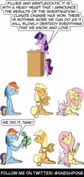 Size: 1000x2100 | Tagged: safe, artist:sneshpone, angel bunny, applejack, fluttershy, rainbow dash, tank, twilight sparkle, alicorn, earth pony, pegasus, pony, rabbit, g4, tanks for the memories, animal, climate change, dude not funny, podium, simple background, this will end in extinction, twilight sparkle (alicorn), white background