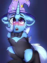 Size: 1700x2250 | Tagged: safe, artist:freak-side, trixie, pony, unicorn, g4, blushing, bondage, bowtie, chest fluff, clothes, eye clipping through hair, eyebrows, eyebrows visible through hair, female, gradient background, hat, hooves behind back, horn, leotard, looking up, mare, open mouth, rope, rope bondage, solo, stockings, thigh highs, trixie's hat