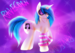 Size: 1754x1240 | Tagged: safe, artist:leeleek47896, dj pon-3, vinyl scratch, pony, unicorn, g4, abstract background, arm warmers, chonk, clothes, concave belly, eyebrows, eyebrows visible through hair, female, glasses, horn, mare, raised hoof, smiling, solo, sparkles, standing, sternocleidomastoid, text, vinyl's glasses