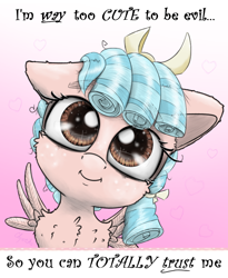 Size: 1250x1527 | Tagged: safe, artist:chopsticks, cozy glow, pegasus, pony, g4, blatant lies, bow, cheek fluff, chest fluff, cozybetes, cute, dialogue, ear fluff, eyebrows, eyebrows visible through hair, face of mercy, female, filly, floppy ears, foal, gradient background, hair bow, head tilt, looking at you, one ear down, pure concentrated unfiltered evil of the utmost potency, pure unfiltered evil, smiling, smiling at you, solo, spread wings, staring into your soul, stray strand, talking to viewer, text, wings