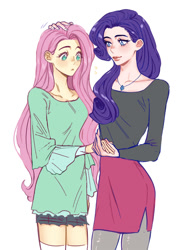 Size: 1100x1500 | Tagged: safe, artist:diannewithluv, fluttershy, rarity, human, equestria girls, g4, blouse, blushing, clothes, colored eyebrows, cute, duo, emanata, eyebrows, eyelashes, female, hand on head, holding hands, jewelry, lesbian, lidded eyes, looking at each other, looking at someone, necklace, raribetes, ship:flarity, shipping, shorts, shyabetes, simple background, skirt, smiling, stockings, thigh highs, white background