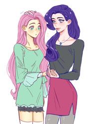 Size: 1100x1500 | Tagged: safe, artist:diannewithluv, fluttershy, rarity, human, equestria girls, g4, blouse, blushing, clothes, collarbone, colored eyebrows, cute, duo, emanata, eyebrows, eyelashes, female, hand on head, holding hands, jewelry, lesbian, lidded eyes, looking at each other, looking at someone, necklace, raribetes, ship:flarity, shipping, shorts, shyabetes, simple background, skirt, smiling, stockings, thigh highs, white background