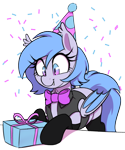 Size: 1000x1200 | Tagged: safe, artist:thebatfang, oc, oc only, oc:lucky roll, bat pony, pony, birthday, bowtie, clothes, confetti, cute, fangs, female, hat, mare, ocbetes, party hat, present, simple background, smiling, socks, solo, table, transparent background, vest