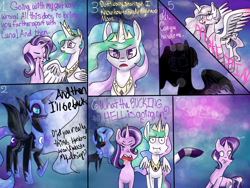 Size: 2000x1500 | Tagged: safe, artist:strawberry-heartrose, nightmare moon, princess celestia, starlight glimmer, pony, princess molestia, a royal problem, g4, blood, comic, nosebleed