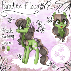 Size: 2048x2048 | Tagged: safe, artist:strawberry-heartrose, oc, oc only, oc:paradise flower, earth pony, pony, female, flower, flower in hair, flower in tail, freckles, mare, reference sheet, solo, tail