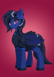 Size: 1200x1700 | Tagged: safe, artist:hovawant, oc, oc only, oc:zero shadow, bat pony, bat pony oc, bat wings, black eyeshadow, black mane, black tail, clothes, collar, ear fluff, ear piercing, earring, eyeshadow, female, fishnet clothing, fishnet stockings, gradient background, helix piercing, jewelry, looking at you, makeup, piercing, red background, red eyes, skirt, solo, spiked collar, stockings, tail, thigh highs, wings