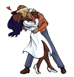Size: 710x739 | Tagged: safe, artist:frogsnfishes, applejack, rarity, human, g4, alternate hairstyle, baseball cap, blushing, boots, cap, clothes, cute, dark skin, denim, dress, duo, duo female, eyes closed, eyeshadow, female, freckles, hat, heart, high heels, hug, humanized, jackabetes, jeans, kissing, lesbian, makeup, neck kiss, pants, raribetes, ship:rarijack, shipping, shirt, shoes, simple background, white background