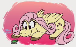 Size: 2091x1290 | Tagged: safe, artist:megadrivesonic, fluttershy, beetle, insect, pegasus, pony, g4, cute, female, floppy ears, gradient background, mare, shyabetes, smiling, solo