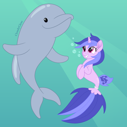 Size: 1600x1600 | Tagged: safe, artist:cloudy glow, sea swirl, seafoam, dolphin, seapony (g4), unicorn, g4, bubble, cute, dorsal fin, female, fin, fish tail, flowing mane, flowing tail, gradient background, grin, happy, horn, jewelry, looking at each other, looking at someone, mare, movie accurate, necklace, ocean, pearl necklace, scales, seaponified, smiling, smiling at each other, solo, species swap, swimming, tail, teeth, underwater, water