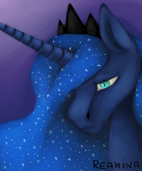 Size: 1000x1200 | Tagged: safe, artist:reamina, princess luna, pony, g4, accessory, bust, ethereal mane, jewelry, looking down, portrait, regalia, sad, simple background, slit pupils, snoot, solo, starry mane