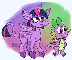 Size: 2556x2140 | Tagged: safe, artist:megadrivesonic, spike, twilight sparkle, alicorn, dragon, g4, female, gradient background, male, solo, twilight sparkle (alicorn), winged spike, wings