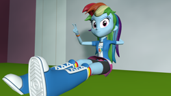Size: 2048x1152 | Tagged: safe, artist:gaelgaming1, rainbow dash, equestria girls, g4, 3d, arm behind head, arms, boots, breasts, bust, chillaxing, clothes, collar, female, fingers, hand, happy, jacket, legs, long hair, peace sign, resting, shirt, shoes, short sleeves, sitting, skirt, smiling, socks, solo, source filmmaker, t-shirt, teenager, vest, wristband