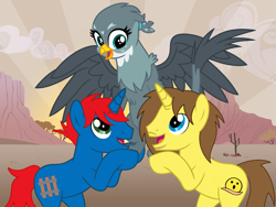 Size: 2048x1536 | Tagged: safe, artist:ry-bluepony1, gabby, oc, oc:grapefruit face, oc:train track, griffon, unicorn, g4, cute, desert, female, gabbybetes, horn, male