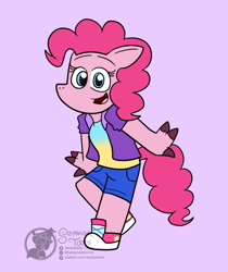 Size: 855x1016 | Tagged: safe, artist:serpanade-toons, pinkie pie, earth pony, anthro, g4, clothes, converse, female, purple background, shoes, simple background, solo