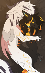 Size: 1367x2216 | Tagged: safe, artist:beardie, oc, oc only, oc:season's greetings, oc:yiazmat, draconequus, chest fluff, couple, cuddling, draconequus oc, ear fluff, feathered wings, female, holding hands, horn, horns, male, oc x oc, paws, scar, shipping, sleeping, smiling, spooning, string, tail, wings