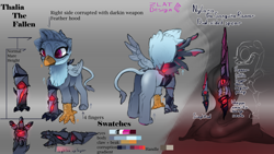 Size: 7680x4320 | Tagged: safe, artist:zlatdesign, derpibooru exclusive, oc, oc only, oc:thalia the fallen, griffon, butt, dark magic, darkin, front view, gradient background, magic, plot, rear view, reference sheet, solo, spear, weapon