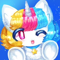 Size: 2000x2000 | Tagged: safe, artist:murasakigezigezi, oc, oc only, unicorn, :p, blushing, chest fluff, collar, ear fluff, gradient background, horn, one eye closed, solo, tongue out, tricolor mane, underhoof, unicorn oc, wink