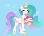 Size: 3000x2500 | Tagged: safe, artist:t72b, princess celestia, alicorn, pony, g4, birthday, blue background, cake, cakelestia, candle, clothes, crown, eyes closed, female, folded wings, food, happy birthday, heart, hoof hold, hoof shoes, horn, jewelry, light blue background, looking at you, mare, peytral, princess shoes, raised hoof, regalia, shoes, simple background, smiling, smiling at you, solo, tail, text, wings