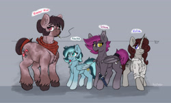 Size: 4222x2538 | Tagged: safe, artist:reddthebat, oc, oc only, oc:alaska (reddthebat), oc:number nine, oc:selena (reddthebat), oc:violina (reddthebat), bat pony, earth pony, ghost, ghost pony, pegasus, pony, unicorn, bandana, bat pony oc, chest fluff, cigarette, eyebrows, eyebrows visible through hair, fangs, female, freckles, gray background, hair over one eye, height difference, high res, horn, knife, looking at you, looking up, mare, open mouth, open smile, simple background, smiling, smiling at you, smoking, tongue out, unshorn fetlocks