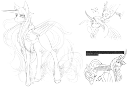 Size: 3000x2060 | Tagged: safe, artist:squeezymouse, derpibooru exclusive, discord, alicorn, draconequus, pony, g4, artificial eye, blank flank, chest fluff, curved horn, ear fluff, ear piercing, feathered fetlocks, full body, guilty gear, horn, horn piercing, long mane, mismatched eyes, monochrome, piercing, ponified, raven (guilty gear), reference, screencap reference, simple background, sketch, sketch dump, straight horn, tail, tail feathers, tongue out, tongue piercing, white background