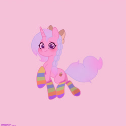 Size: 2480x2480 | Tagged: safe, artist:starburstuwu, oc, oc only, pony, unicorn, blushing, bow, clothes, female, hair bow, high res, horn, looking at you, mare, pink background, rainbow socks, simple background, smiling, smiling at you, socks, solo, striped socks