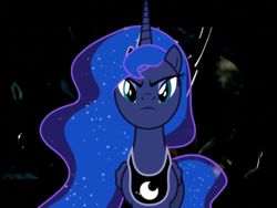 Size: 720x540 | Tagged: safe, princess luna, alicorn, pony, g4, ethereal mane, ethereal tail, female, folded wings, front view, long mane, looking at you, luna is not amused, mare, peytral, solo, tail, unamused, wings