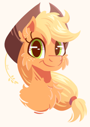 Size: 1050x1485 | Tagged: safe, artist:candy meow, applejack, earth pony, pony, applejack's hat, bust, cheek fluff, chest fluff, cowboy hat, ear fluff, female, food, hat, lineless, looking at you, mare, simple background, smiling, solo, wheat
