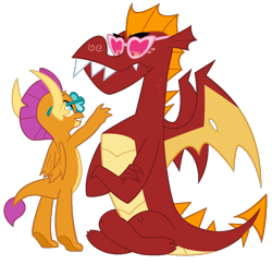Size: 800x775 | Tagged: safe, artist:queencold, garble, smolder, dragon, g4, brother and sister, cute, duo, female, glasses, heart shaped glasses, male, siblings, simple background, sunglasses, transparent background