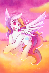 Size: 1365x2048 | Tagged: safe, artist:mscolorsplash, oc, oc only, pegasus, pony, cloud, female, flying, mare, open mouth, open smile, smiling, solo, spread wings, sunset, wings