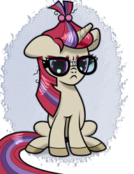 Size: 2000x2600 | Tagged: safe, artist:scandianon, moondancer, pony, unicorn, g4, annoyed, female, floppy ears, frown, furrowed brow, glasses, horn, mare, missing accessory, moondancer is not amused, sitting, unamused