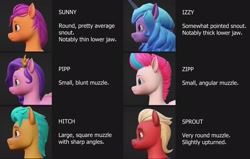 Size: 2196x1400 | Tagged: safe, editor:kreeeeeez, hitch trailblazer, izzy moonbow, pipp petals, sprout cloverleaf, sunny starscout, zipp storm, earth pony, pegasus, pony, unicorn, g5, my little pony: a maretime bay adventure, 3d, bust, comparison, comparison chart, diadem, female, horn, jewelry, looking forward, male, mane five, mare, neutral expression, physique difference, portrait, regalia, side view, snout, sprout joins the mane five, stallion, text