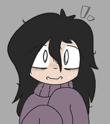 Size: 986x1109 | Tagged: safe, artist:castafae, oc, oc only, oc:ceiling fan, satyr, blushing, bust, clothes, eye clipping through hair, female, gray background, messy hair, nervous, parent:oc:floor bored, simple background, solo, sweat, sweatdrops, sweater
