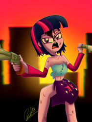 Size: 1536x2048 | Tagged: safe, artist:orange becrux, twilight sparkle, human, equestria girls, g4, angry, apocalypse, bare shoulders, belly, belly button, blood, breasts, d:, d:<, female, frown, glare, gun, injured, midriff, open mouth, sleeveless, solo, sunset, tomboy, weapon