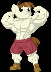Size: 899x1280 | Tagged: safe, artist:astaroth90, featherweight, pegasus, anthro, plantigrade anthro, g4, abs, armpits, bicep flex, biceps, black background, bodybuilder, calves, clothes, colt, flexing, foal, heavyweight, looking at you, male, muscles, muscular male, pecs, shoes, shorts, simple background, solo, thighs, thunder thighs, triceps