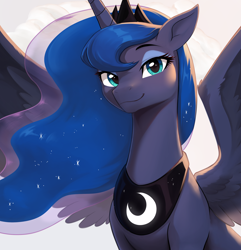 Size: 2412x2500 | Tagged: safe, artist:sierraex, princess luna, alicorn, pony, g4, beautiful, bust, crown, female, high res, jewelry, looking at you, mare, peytral, regalia, smiling, solo, spread wings, wings
