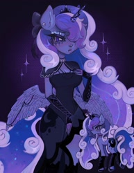 Size: 1580x2048 | Tagged: safe, artist:plushvamp, princess luna, alicorn, unicorn, anthro, g4, abstract background, alternate hairstyle, bow, breasts, capelet, cleavage, clothes, dress, ear piercing, female, goth luna, gothic, hair bow, hair over one eye, horn, horn jewelry, jewelry, leg warmers, looking at you, looking back, looking back at you, mare, necklace, nose piercing, piercing, race swap, regalia, self paradox, self ponidox, solo, unicorn luna, wing jewelry, wings