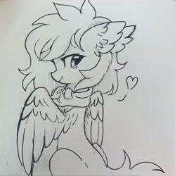 Size: 2036x2048 | Tagged: safe, artist:lerkfruitbat, oc, oc only, pegasus, pony, black and white, clothes, female, grayscale, heart, looking back, mare, monochrome, scarf, simple background, sketch, solo, traditional art, white background