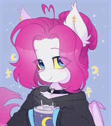 Size: 1170x1331 | Tagged: safe, artist:lerkfruitbat, oc, oc only, bat pony, pony, abstract background, chest fluff, choker, clothes, drink, ear fluff, ear piercing, ear tufts, earring, eye clipping through hair, eyebrows, eyebrows visible through hair, female, hoodie, jewelry, mare, piercing, solo