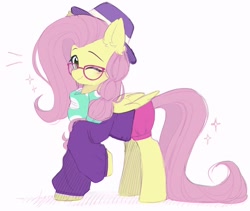 Size: 1977x1670 | Tagged: safe, artist:lerkfruitbat, fluttershy, pegasus, pony, g4, alternate hairstyle, clothes, female, glasses, hat, hipstershy, mare, one eye closed, redraw, scarf, simple background, solo, white background, wink