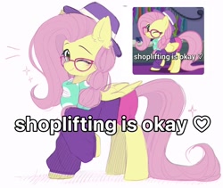 Size: 1977x1670 | Tagged: safe, artist:lerkfruitbat, fluttershy, pegasus, pony, fake it 'til you make it, g4, alternate hairstyle, clothes, ear fluff, female, glasses, hat, hipstershy, mare, meme, redraw, scarf, screencap reference, shoplifting, simple background, solo, white background