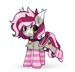 Size: 1251x1195 | Tagged: safe, artist:lerkfruitbat, oc, oc only, bat pony, pony, bell, bell collar, chest fluff, clothes, collar, ear tufts, facial markings, female, mare, simple background, socks, solo, striped socks, white background