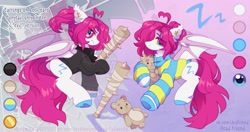 Size: 2048x1082 | Tagged: safe, artist:lerkfruitbat, oc, oc only, bat pony, pony, abstract background, baseball bat, clothes, ear fluff, ear piercing, earring, female, hoodie, jewelry, mare, piercing, plushie, reference sheet, solo, sweater, teddy bear, weapon