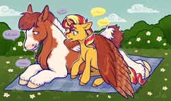 Size: 1690x996 | Tagged: safe, artist:beyhr, sunset shimmer, oc, oc:sandy stars, hybrid, mule, pegasus, pony, unicorn, g4, braid, coat markings, commission, duo, duo female, facial hair, female, goatee, horn, hybrid oc, lying down, mare, picnic blanket, pinto, prone, size difference, speech bubble, wing blanket, winghug, wings
