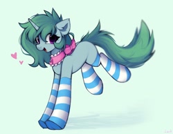 Size: 2048x1587 | Tagged: safe, artist:lerkfruitbat, oc, oc only, pony, unicorn, bow, choker, clothes, ear fluff, female, green background, hair bow, heart, horn, mare, simple background, socks, solo