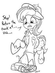 Size: 2445x3233 | Tagged: safe, artist:tsitra360, oc, oc only, pony, unicorn, accident, clothes, crush fetish, crushing, female, fetish, giant pony, hat, high res, hoof shoes, horn, looking down, macro, mare, oops, pleated skirt, police officer, police uniform, sketch, skirt, tank (vehicle), white flag