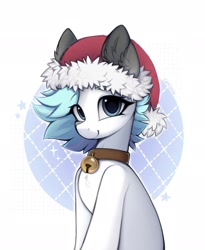 Size: 1678x2048 | Tagged: safe, artist:lerkfruitbat, oc, oc only, earth pony, pony, abstract background, bell, bell collar, chest fluff, christmas, collar, ear fluff, female, hat, holiday, looking at you, mare, santa hat, solo