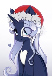 Size: 706x1024 | Tagged: safe, artist:lerkfruitbat, oc, oc only, pony, unicorn, blushing, christmas, coat markings, commission, eye clipping through hair, eyebrows, eyebrows visible through hair, facial markings, female, hat, holiday, horn, mare, santa hat, simple background, white background, ych result