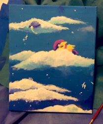 Size: 1079x1293 | Tagged: safe, artist:melodymelanchol, fluttershy, pegasus, pony, g4, cloud, disembodied eye, eyes closed, female, lying down, mare, on a cloud, painting, prone, solo, traditional art